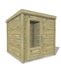 a wooden shed with a door