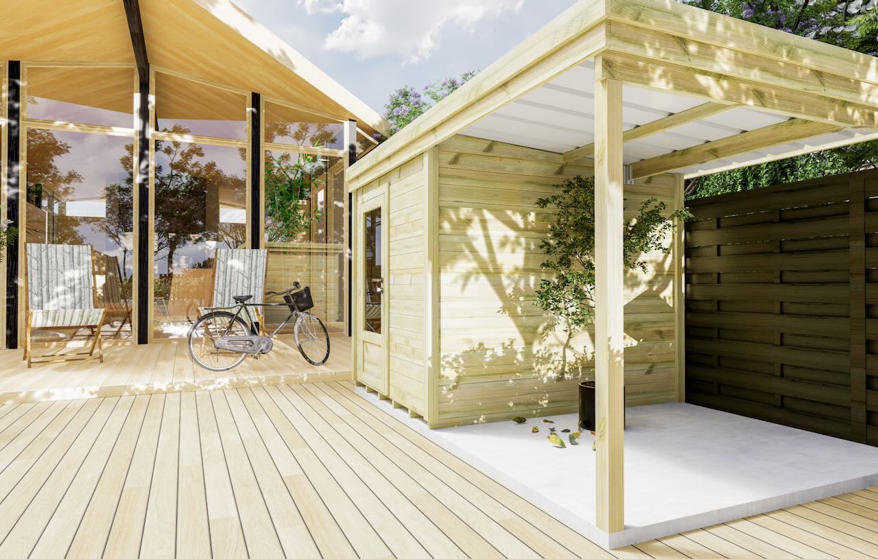 abri de jardin en bois avec extension de toit, chaleur, soleil et été
