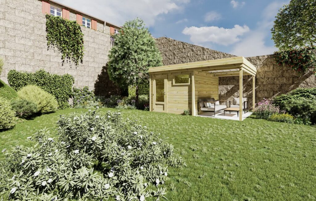 abri de jardin avec auvent, été